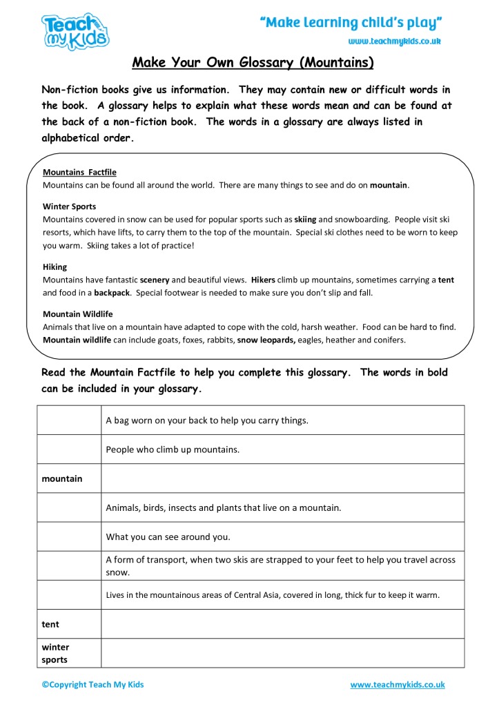 Make Your Own Glossary (Mountains) - TMK Education